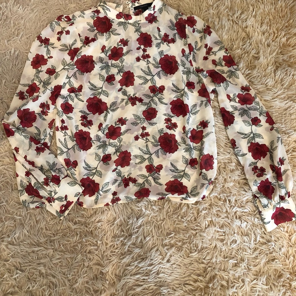 Light flowy high neck blouse w/ red rose floral print